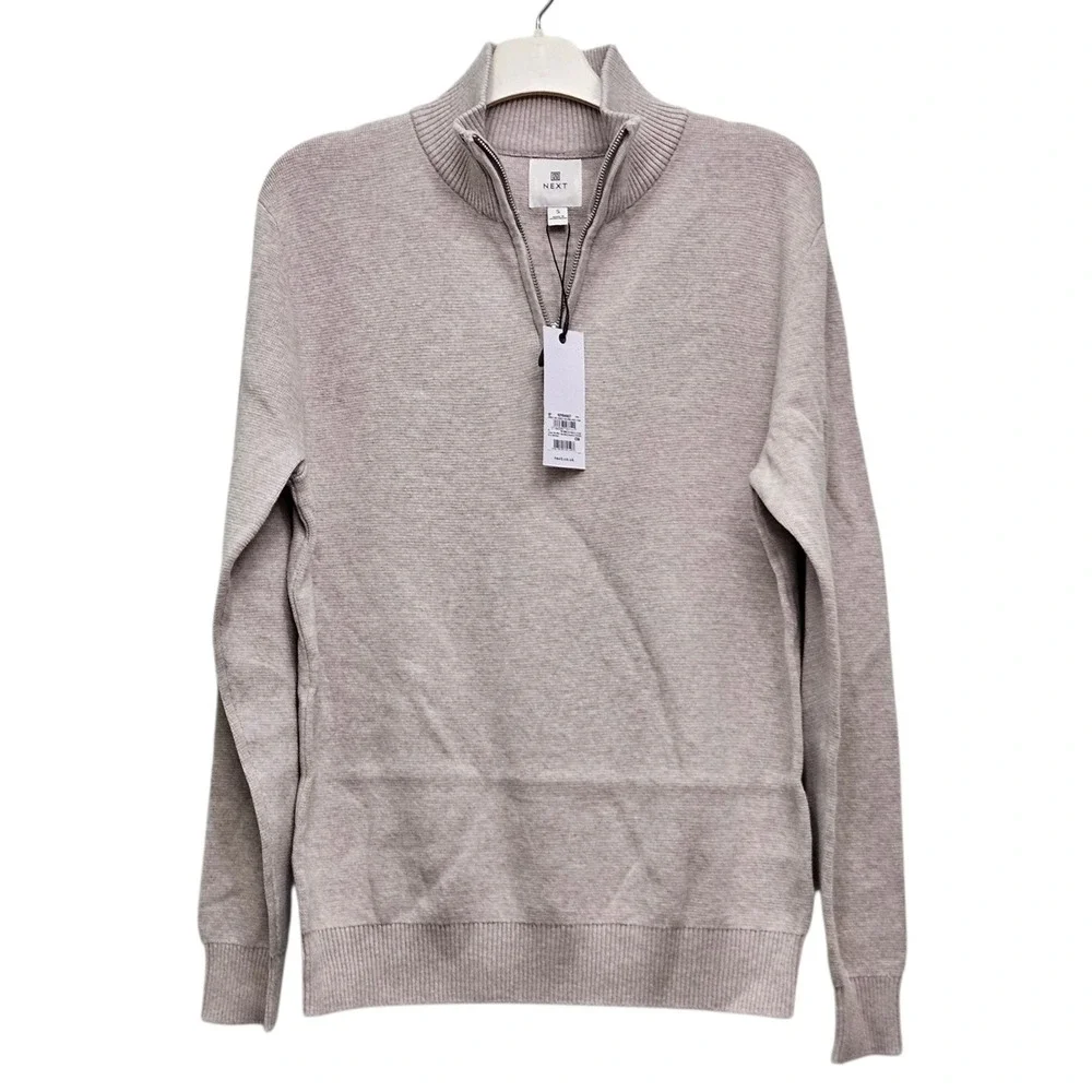 Next Quarter Zip Sweater Mens Small Taupe‎ Cotton Textured Mock Neck Casual
